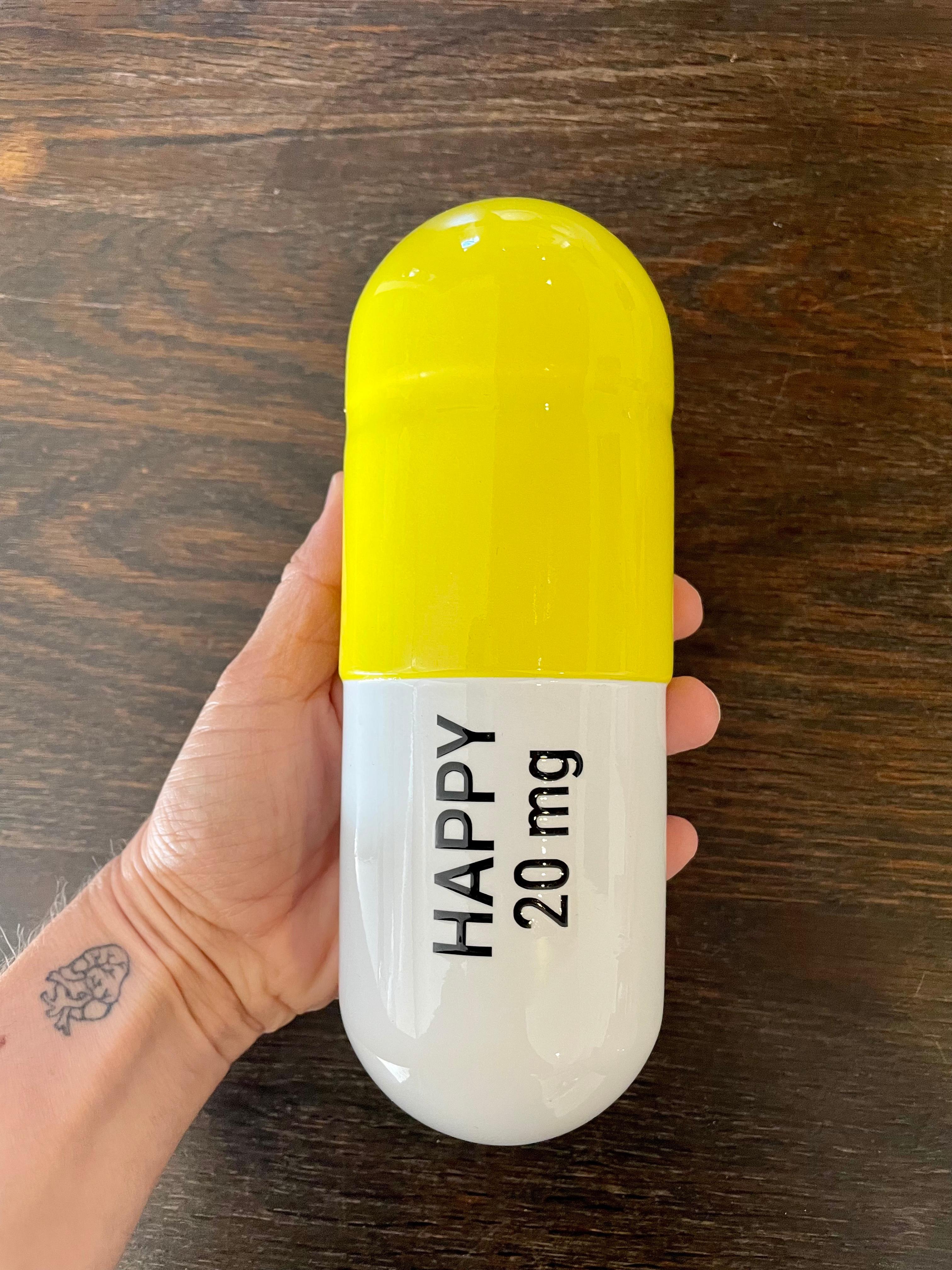 20 ML Happy pill (white and yellow) - figurative sculpture - Sculpture by Tal Nehoray