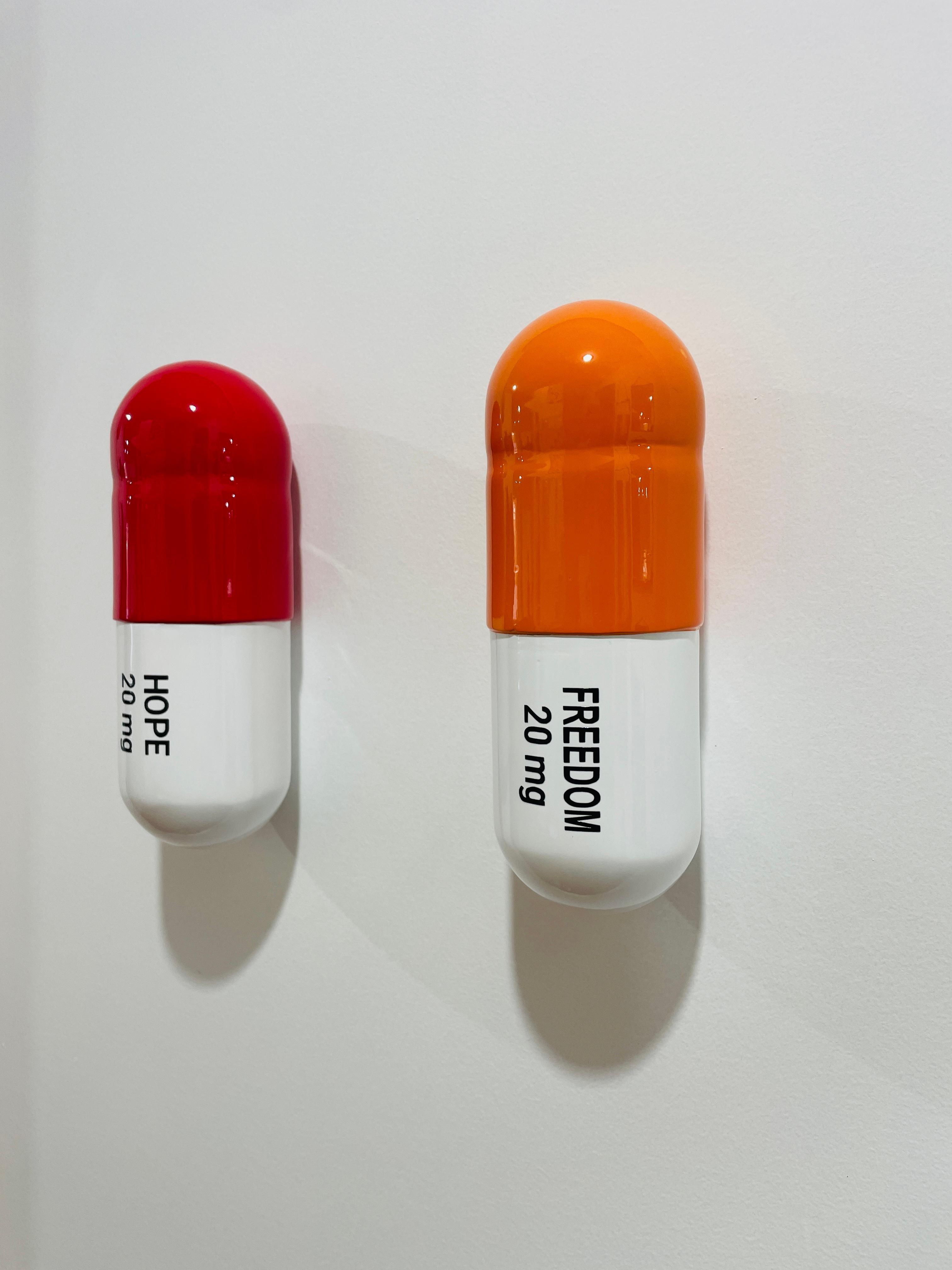 20 MG Hope pill Combo (rouge, orange, blanc) - sculpture figurative - Pop Art Sculpture par Tal Nehoray