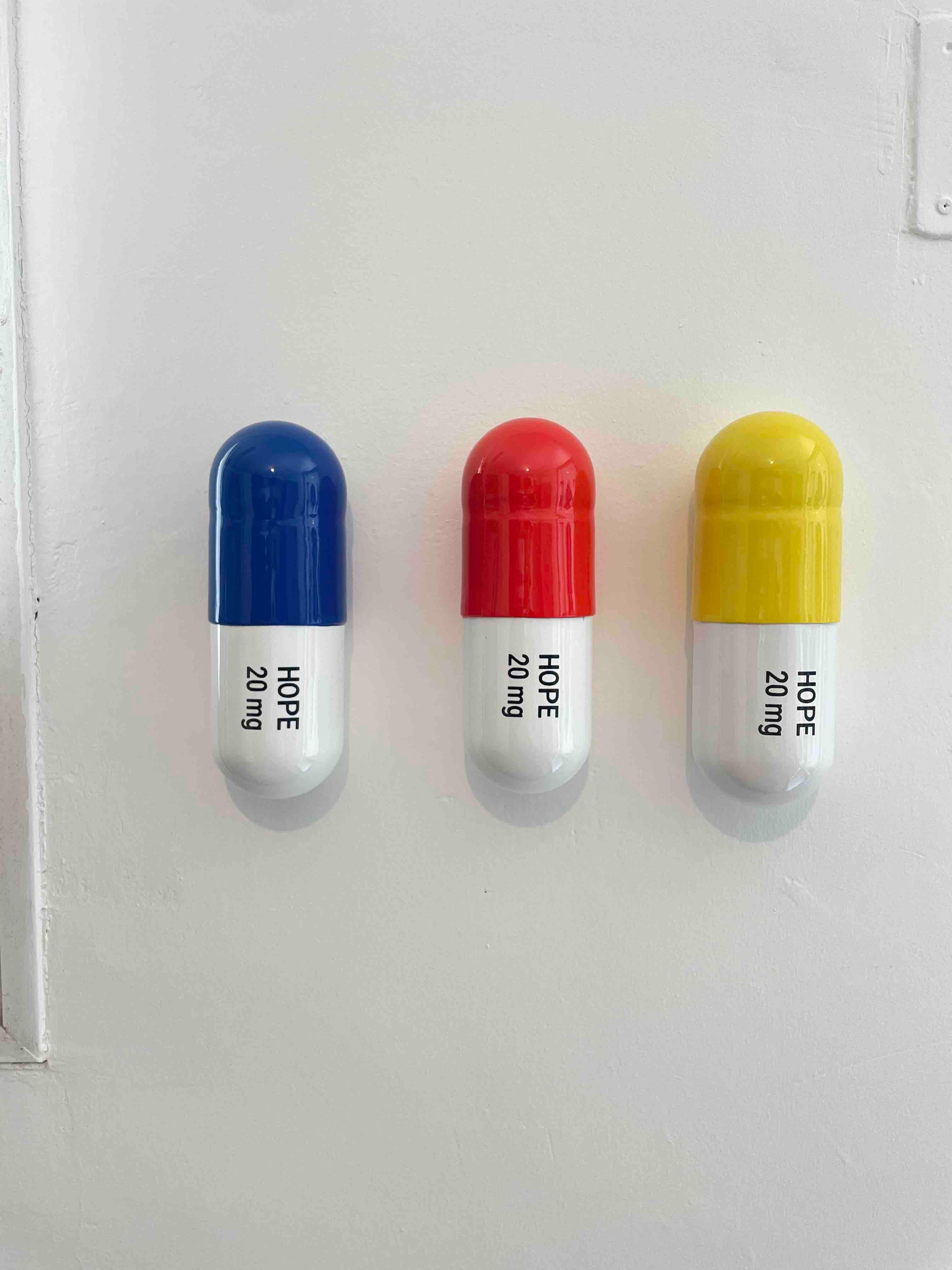 20 MG Hope pill Combo (blue, yellow and orange) - figurative sculpture - Gray Still-Life Sculpture by Tal Nehoray