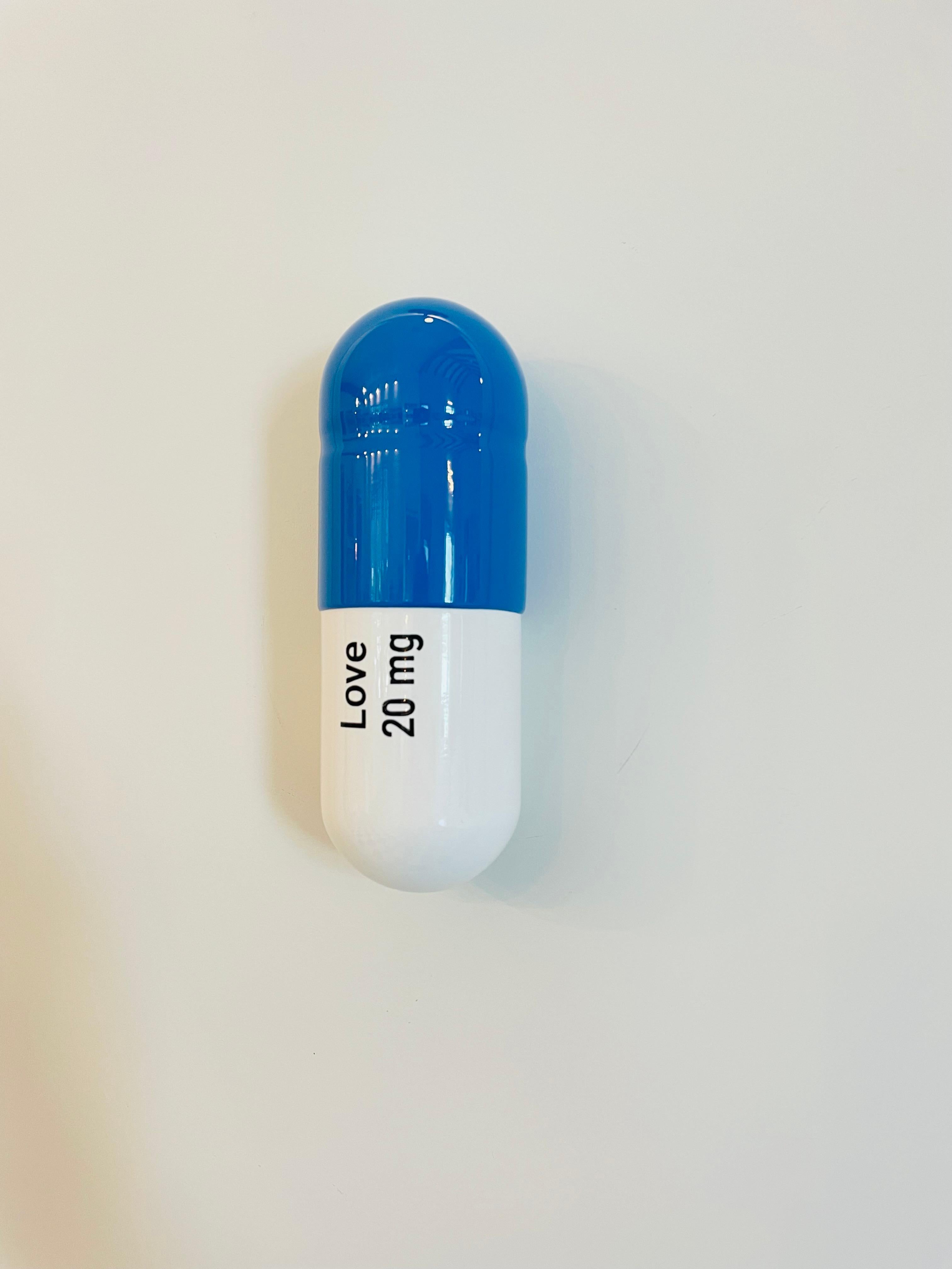 20 ML Love pill (blue and white) - figurative pop sculpture - Sculpture by Tal Nehoray