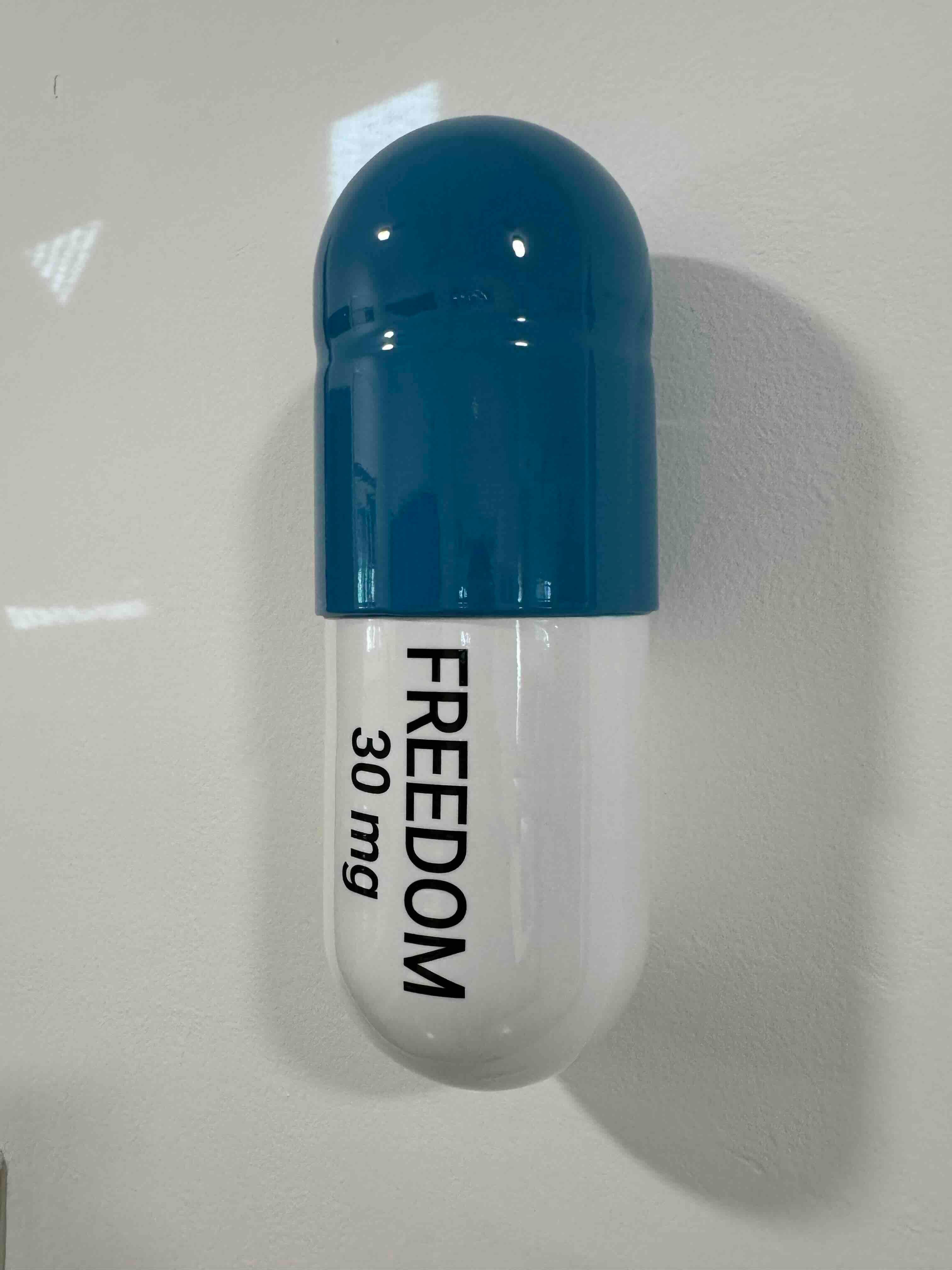 Pillola Freedom grande da 30 mg (blu e bianca) - scultura figurativa - Sculpture Pop Art di Tal Nehoray