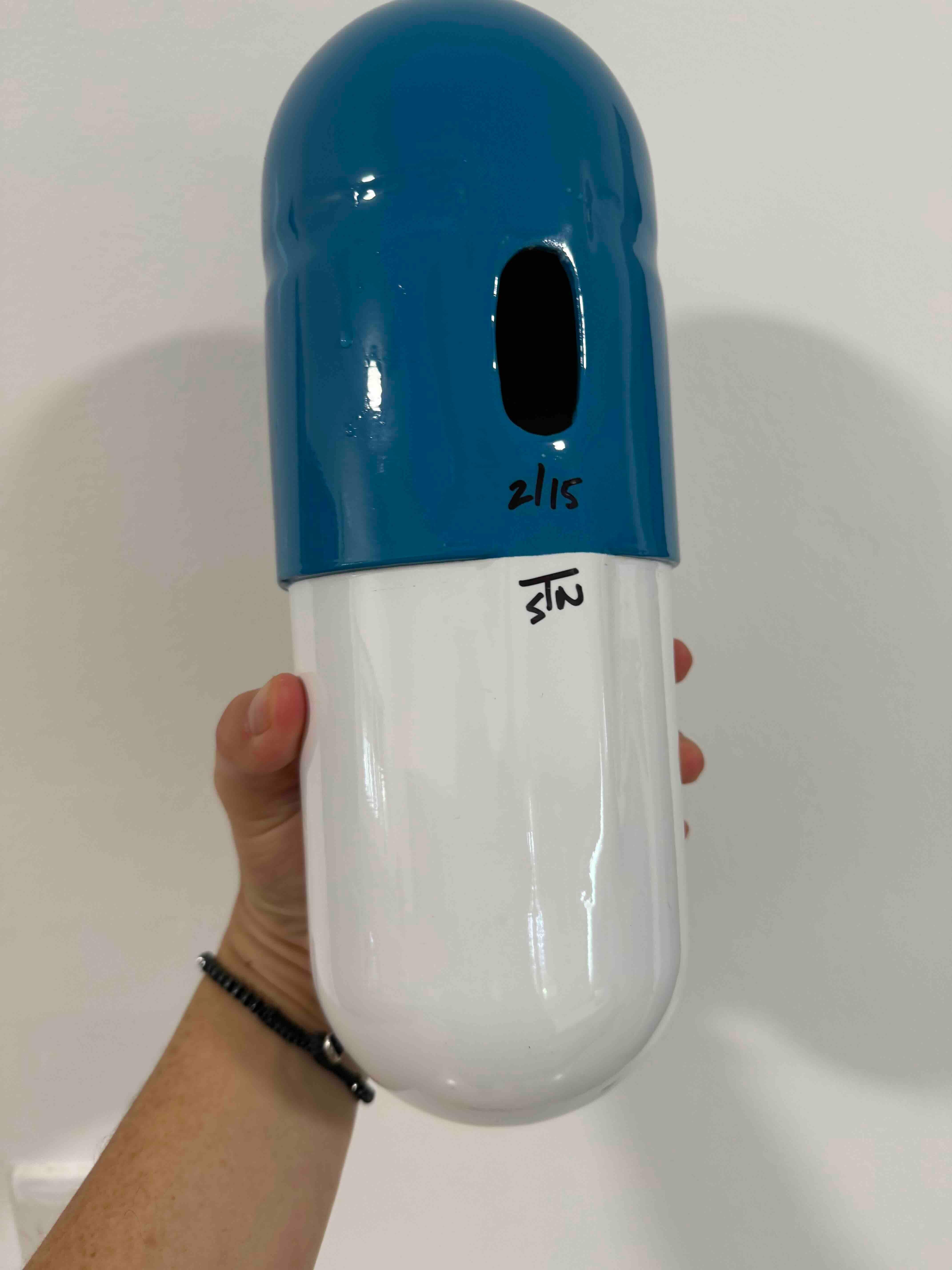 Pillola Freedom grande da 30 mg (blu e bianca) - scultura figurativa in vendita 1
