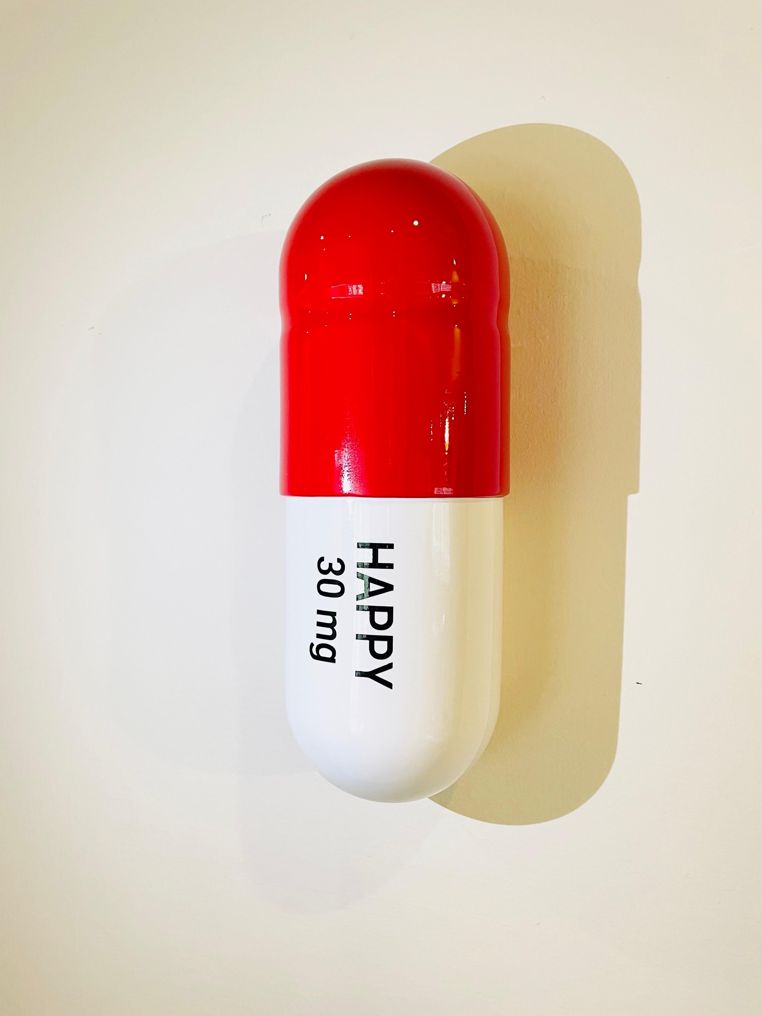 30 mg Large Happy pill (Red and White) - figurative sculpture - Sculpture by Tal Nehoray
