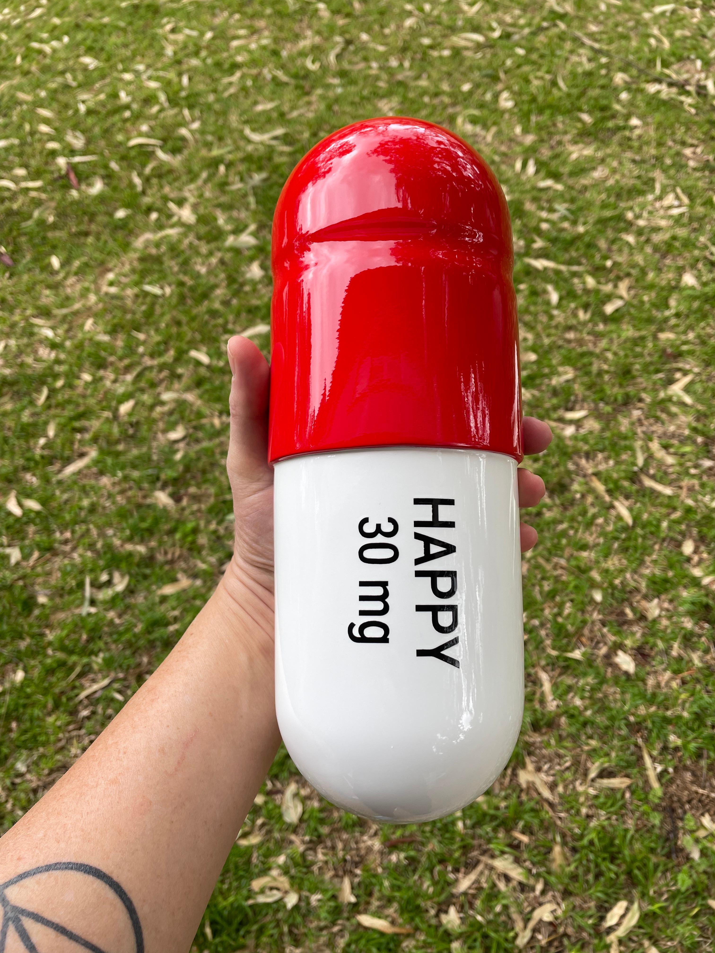 30 mg Large Happy pill (Red and White) - figurative sculpture - Pop Art Sculpture by Tal Nehoray