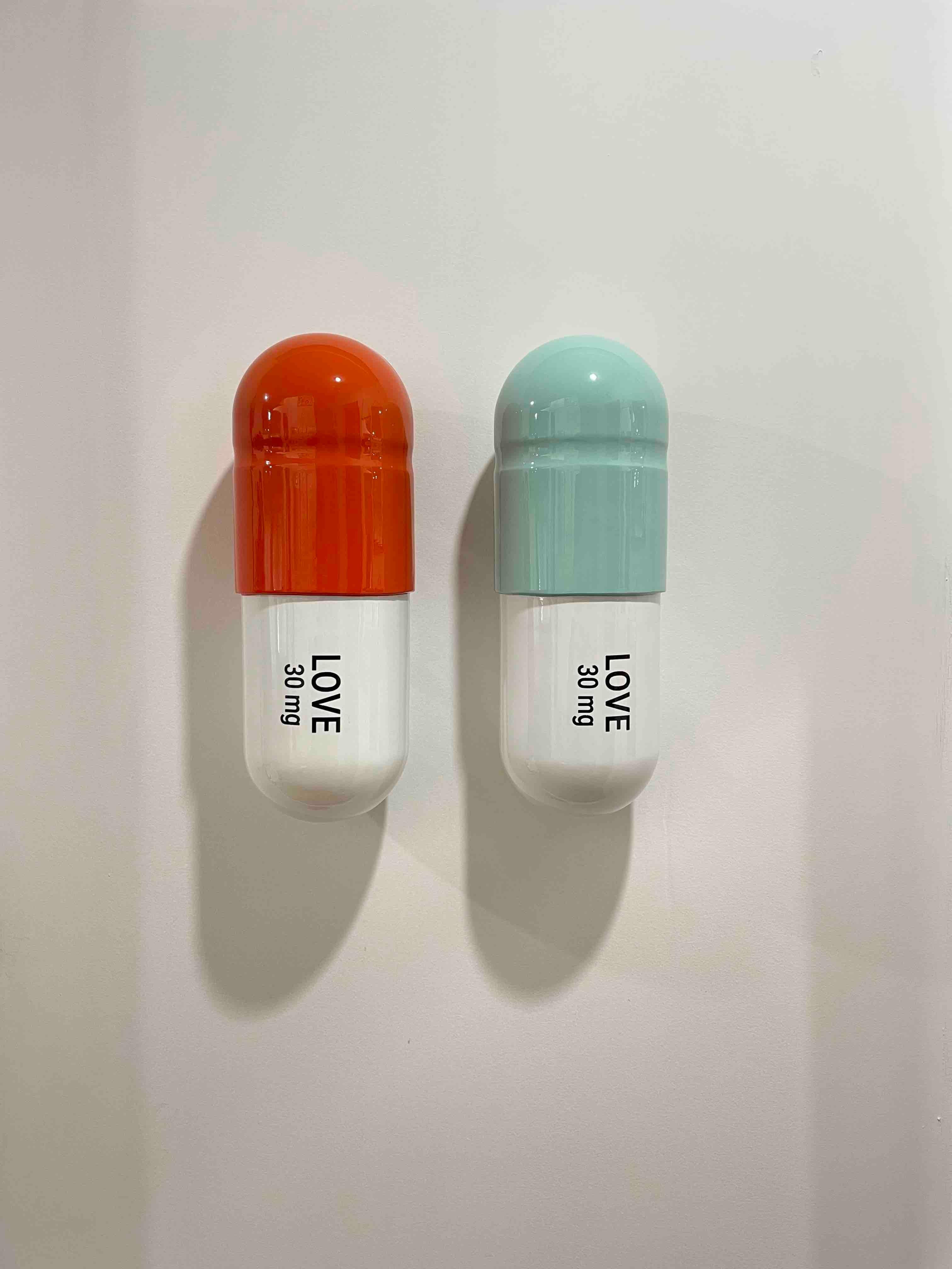30 MG Love pill Combo (mint green, orange) - figurative sculpture - Gray Figurative Sculpture by Tal Nehoray