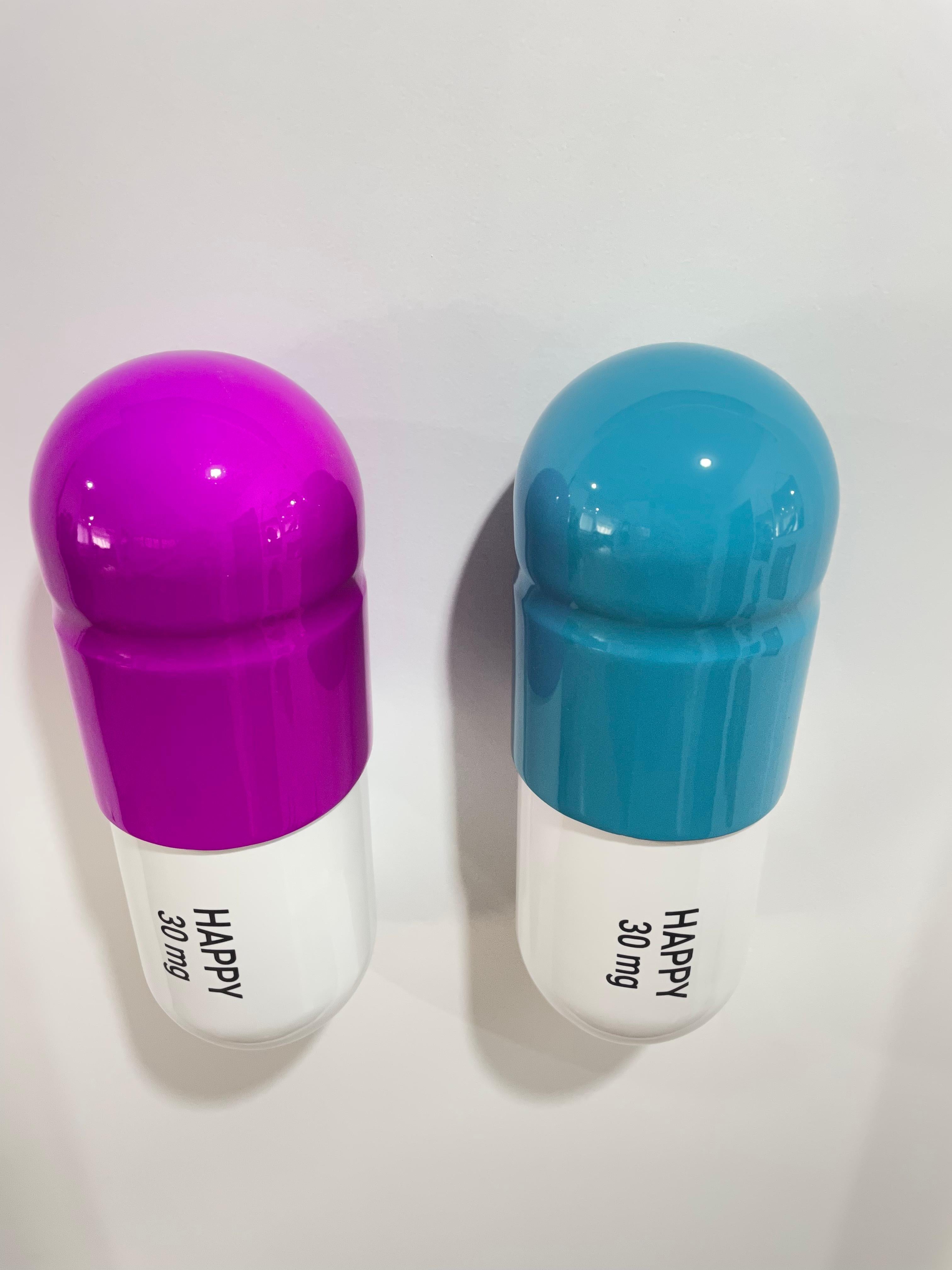 30 ML Happy pill Combo (purple, turquoise, white) - figurative sculpture - Pop Art Sculpture by Tal Nehoray