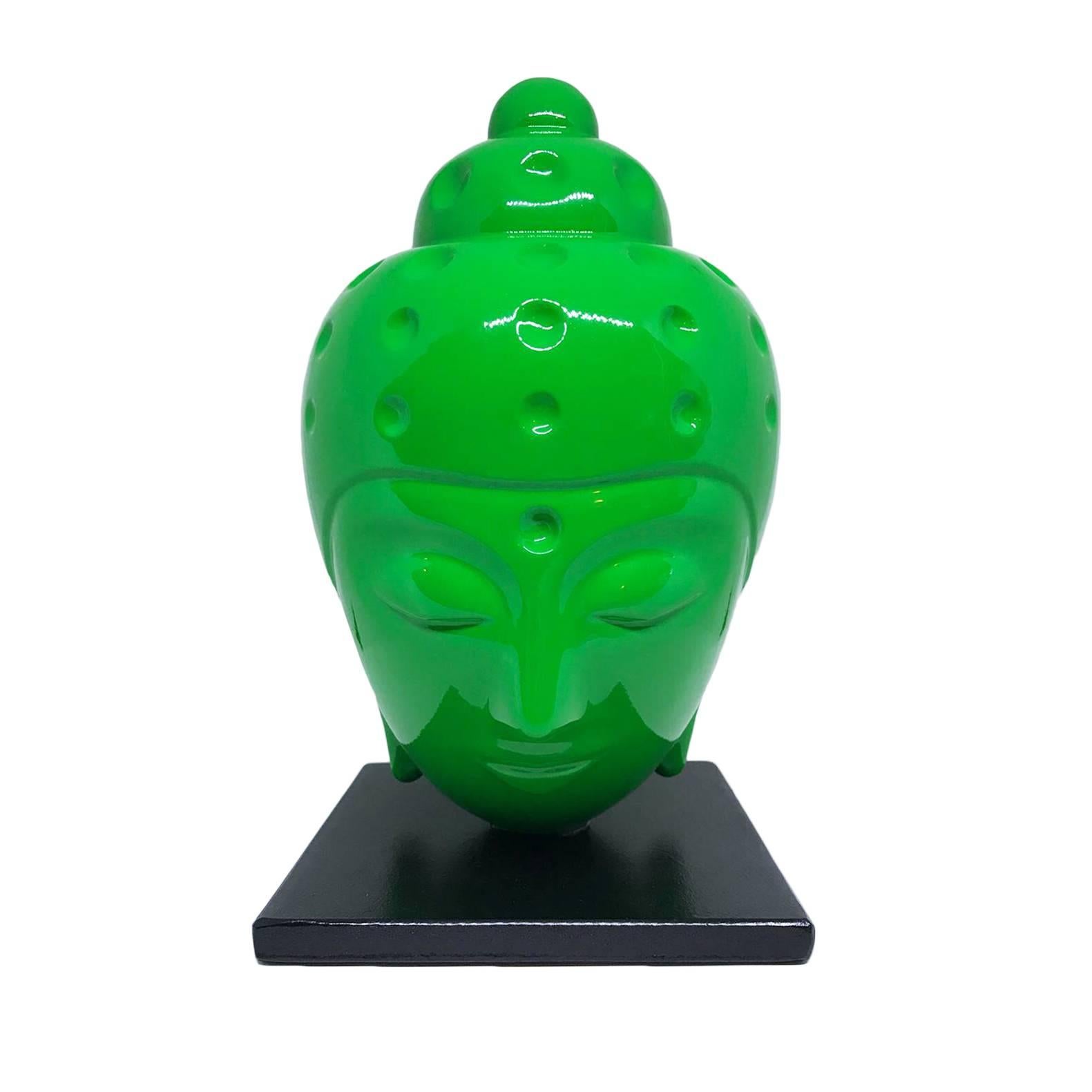 Buddha head Statue - Luminous green - Sculpture by Tal Nehoray