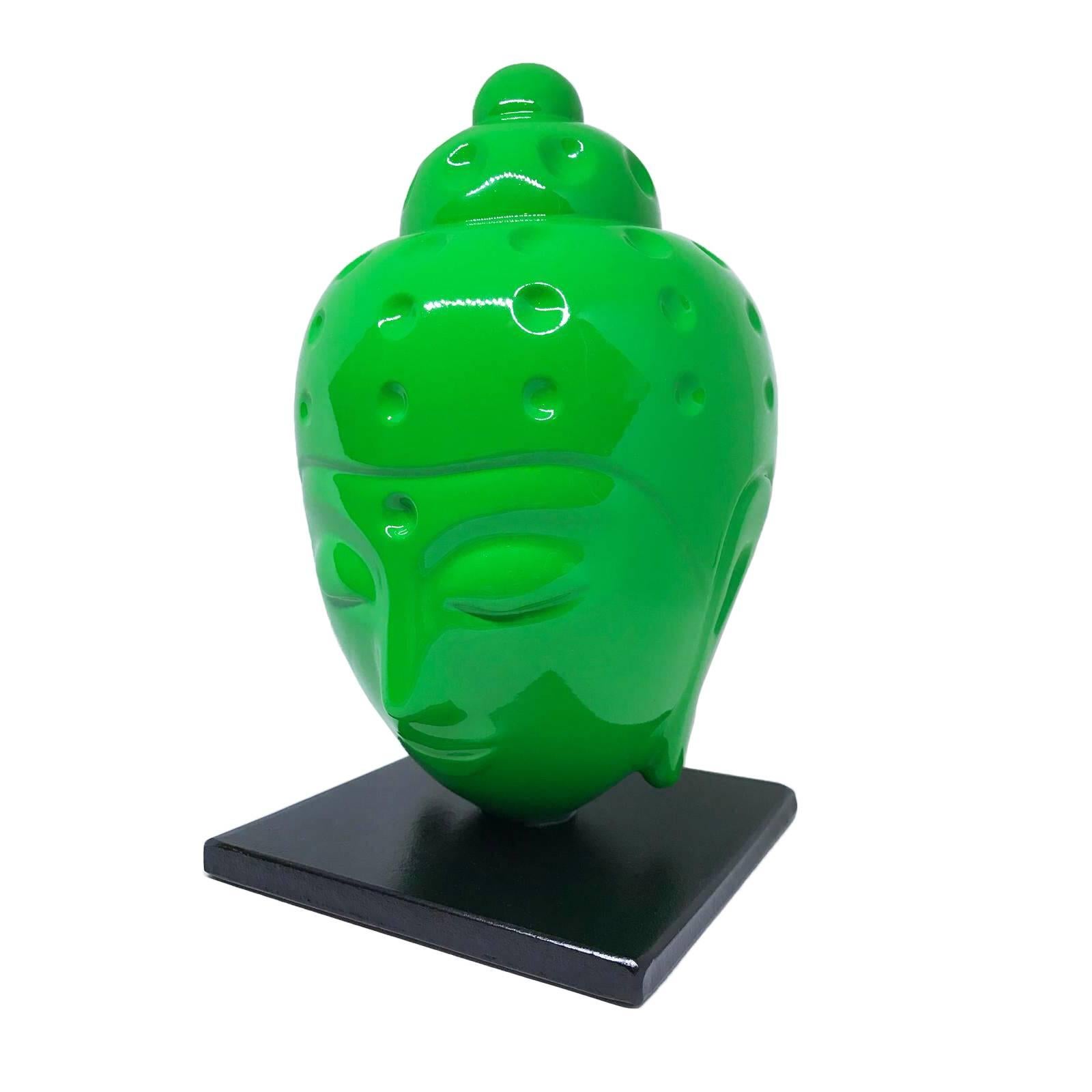 Buddha head Statue - Luminous green - Contemporary Sculpture by Tal Nehoray
