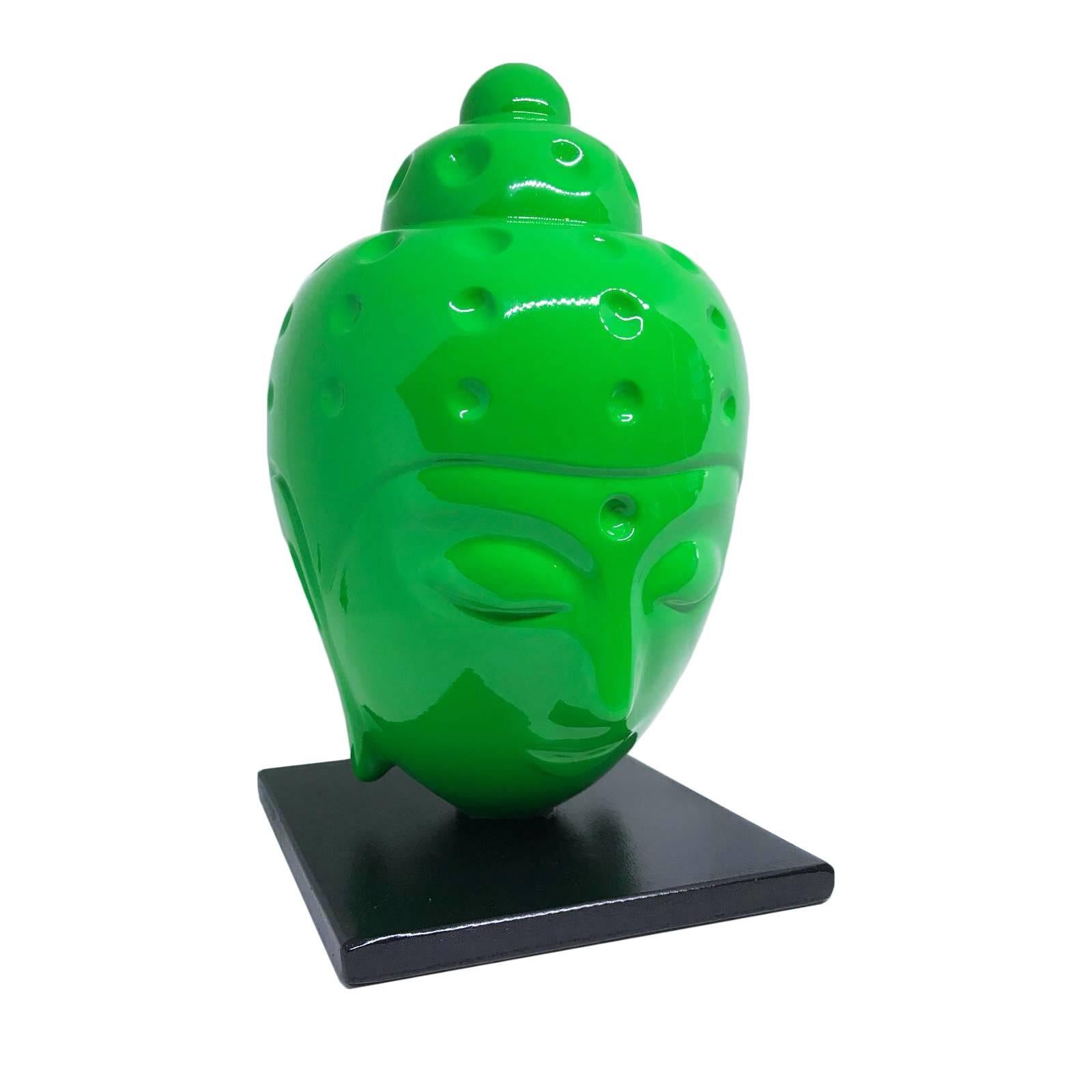Buddha head Statue - Luminous green - Green Figurative Sculpture by Tal Nehoray