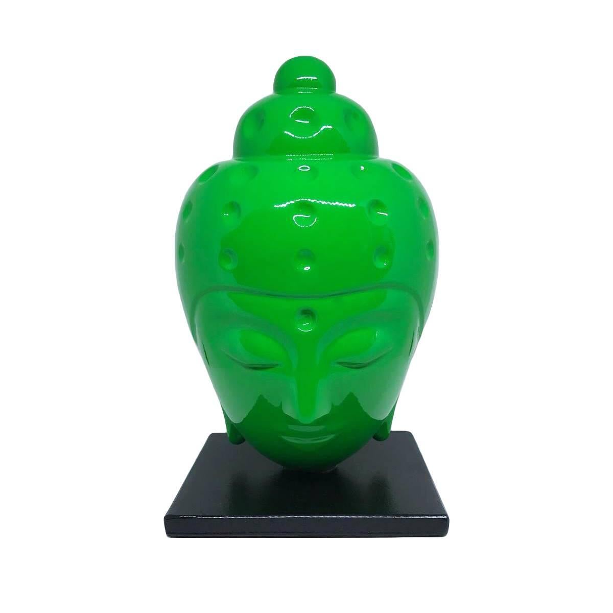Tal Nehoray Figurative Sculpture - Buddha head Statue - Luminous green