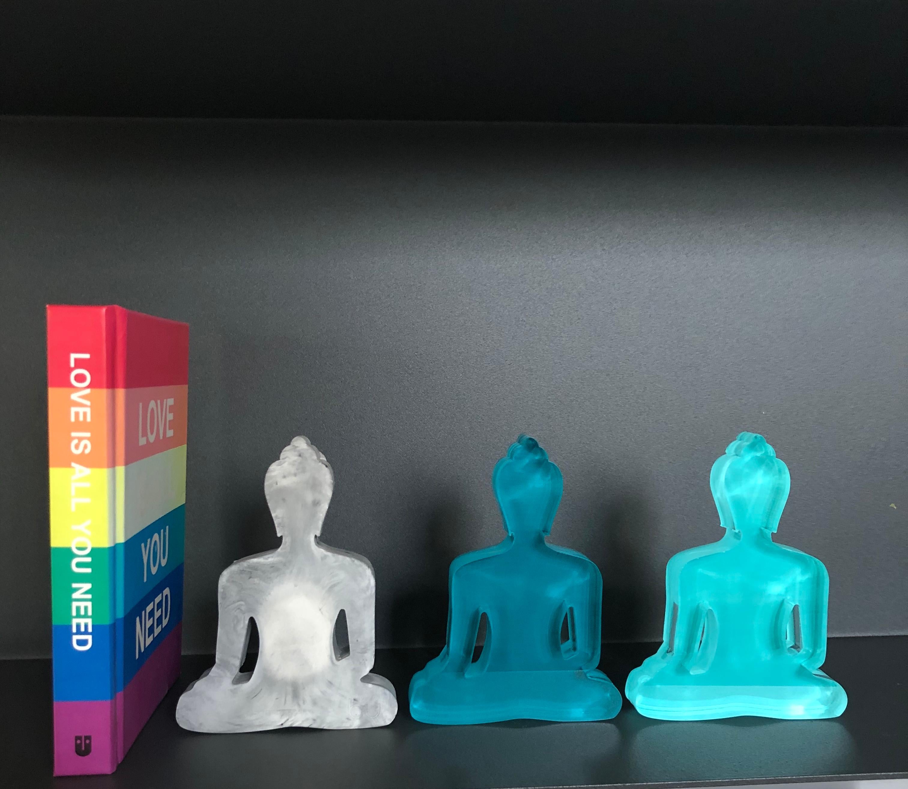 Tal Nehoray Figurative Sculpture - Buddha statues set of 3, hand painted lucite - Concrete, Turquoise, Light Turuoise