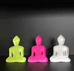 Buddha statues set of 3, hand painted lucite - Neon Yellow, Neon Pink and white