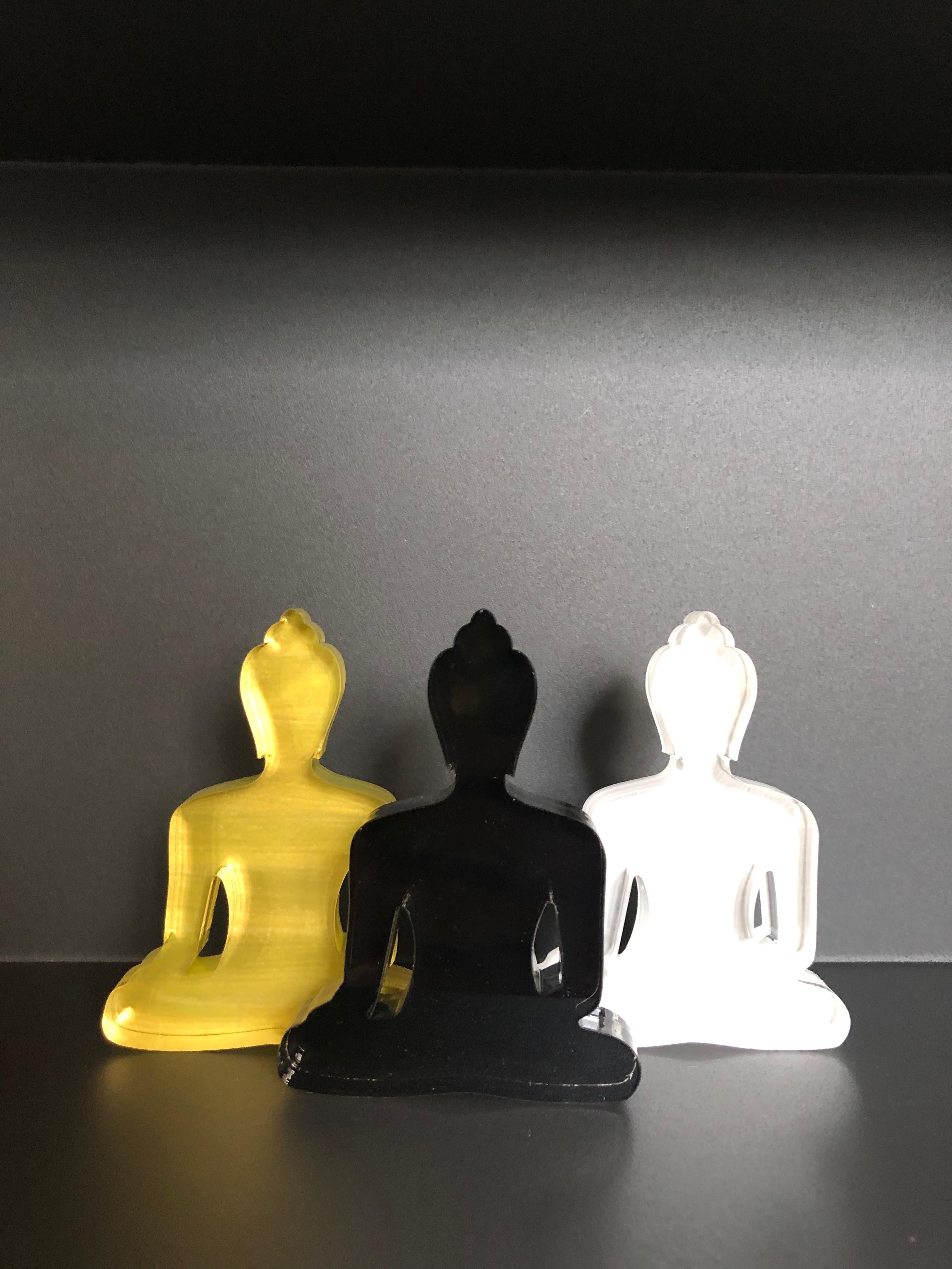 Buddha statues set of 3, hand painted plexiglass - Gold, White, Black - Sculpture by Tal Nehoray