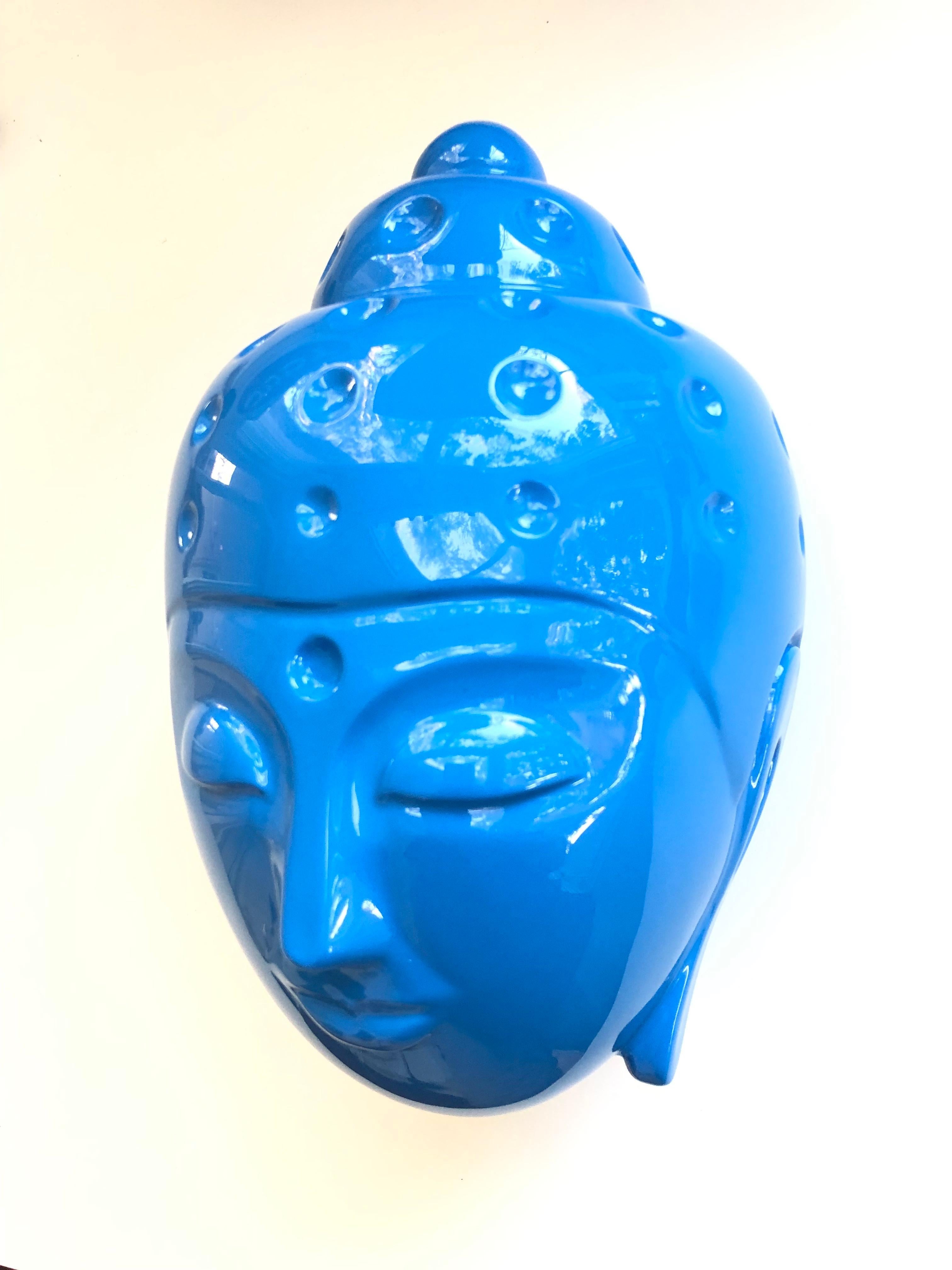 Contemporary buddha head sculpture - blue car paint - Sculpture by Tal Nehoray