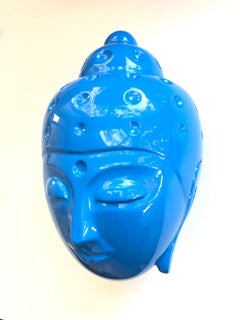 Contemporary buddha head sculpture - blue car paint