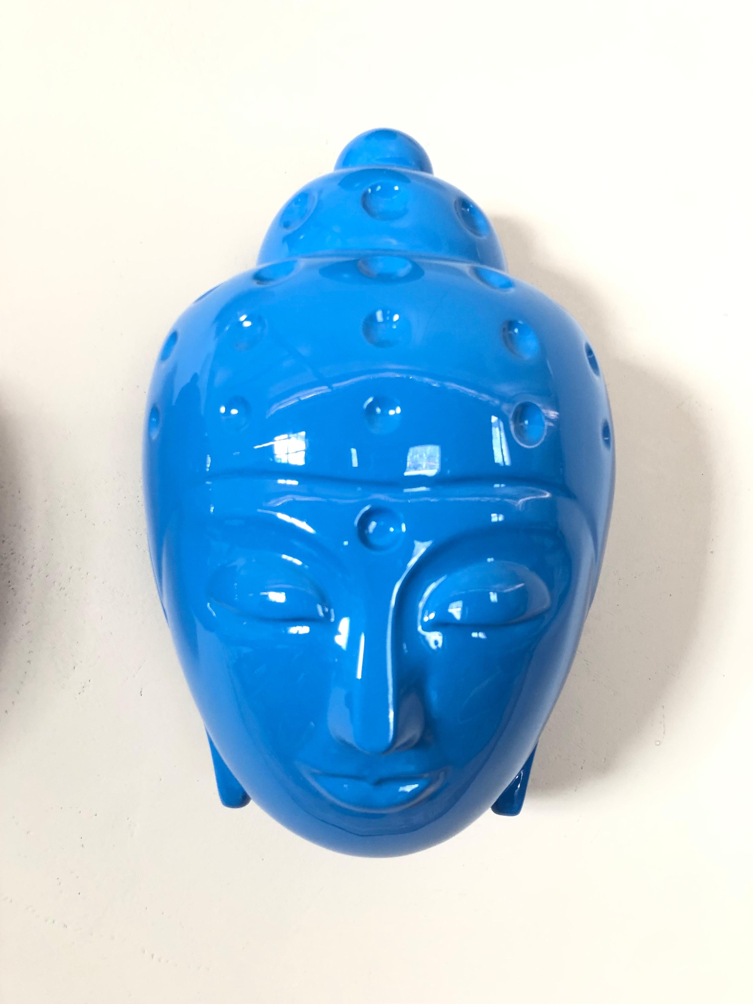 Contemporary buddha head sculpture - blue car paint