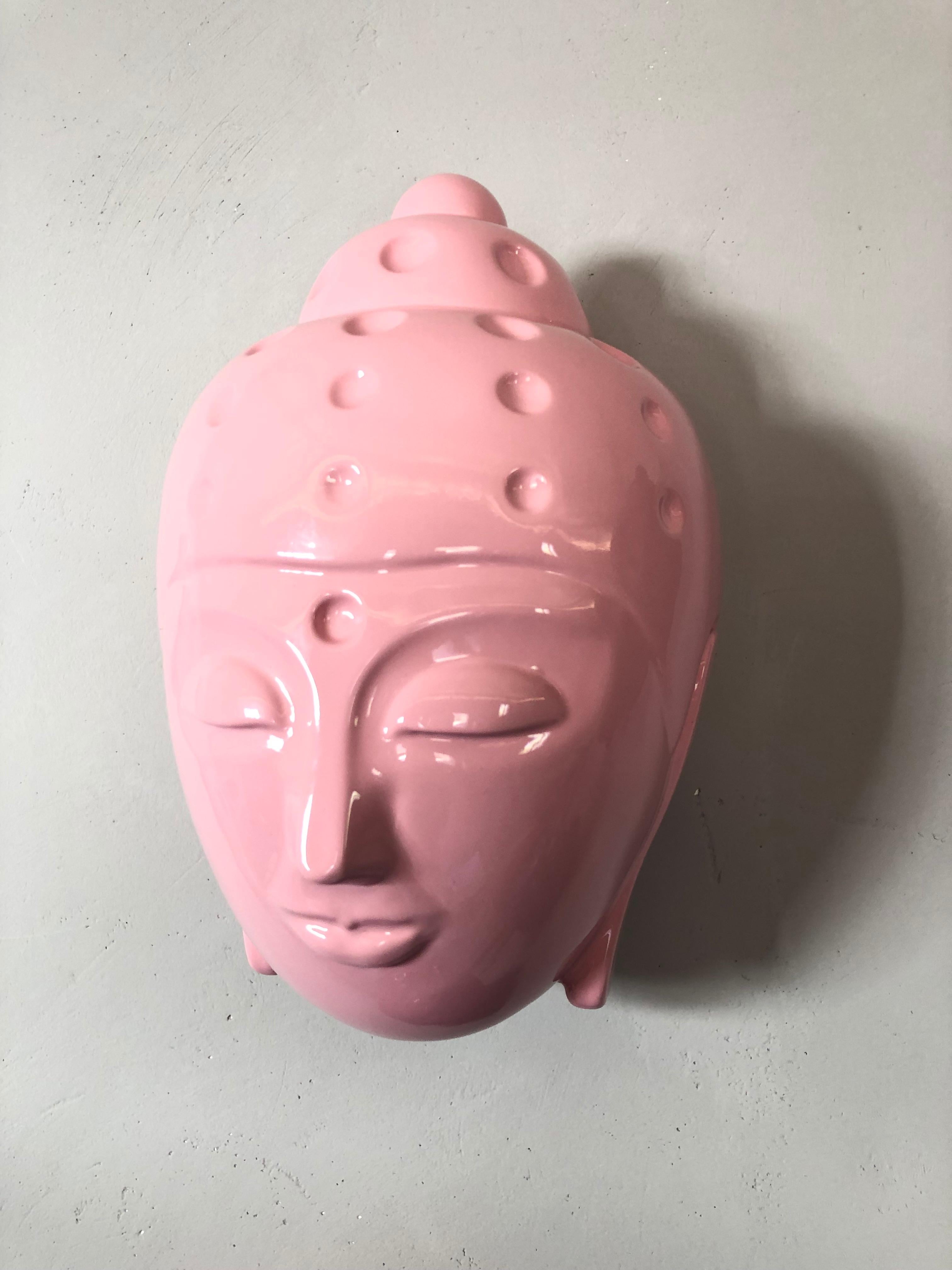 Contemporary buddha head figurative sculpture - painted in pink car paint - Gray Figurative Sculpture by Tal Nehoray