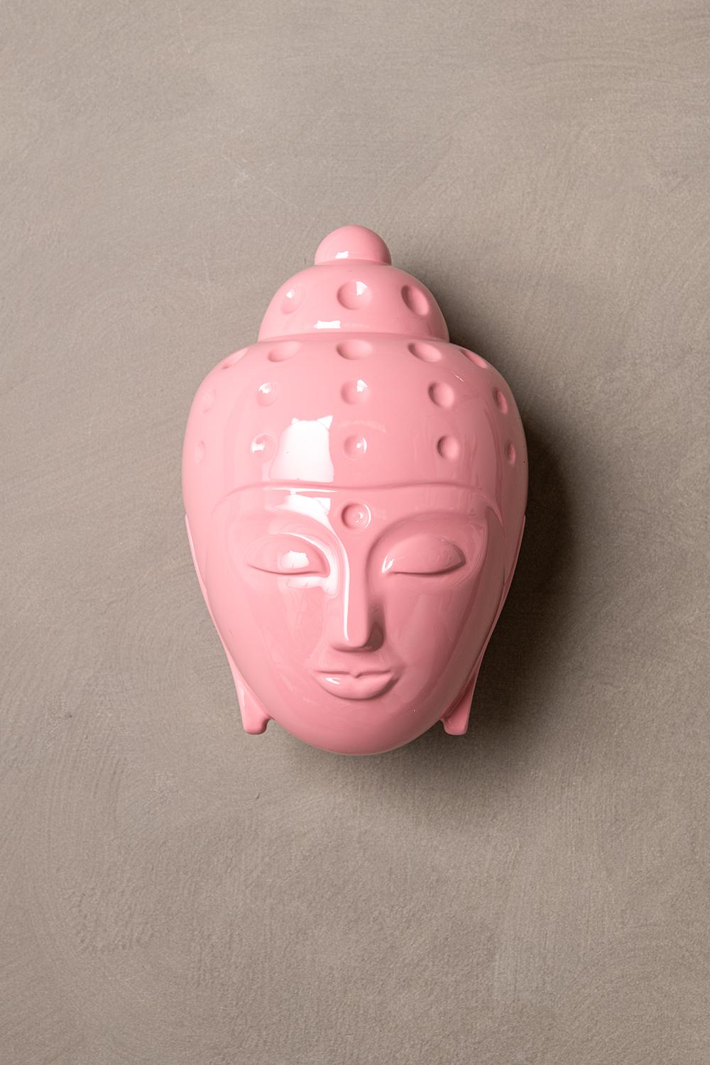 Contemporary buddha head figurative sculpture - painted in pink car paint - Sculpture by Tal Nehoray