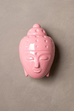 Contemporary buddha head figurative sculpture - painted in pink car paint