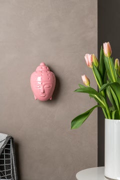 Contemporary buddha head figurative sculpture - painted in pink car paint