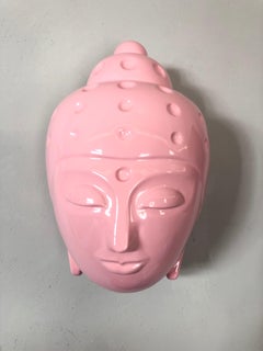 Contemporary buddha head sculpture - painted in pink car paint