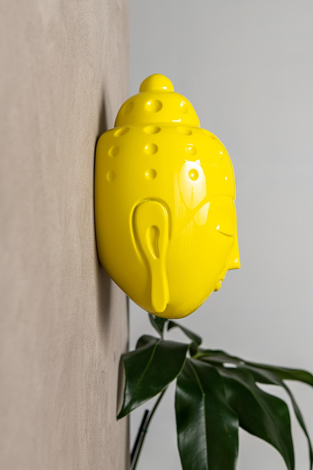 Contemporary buddha head sculpture - painted in yellow car paint - Sculpture by Tal Nehoray