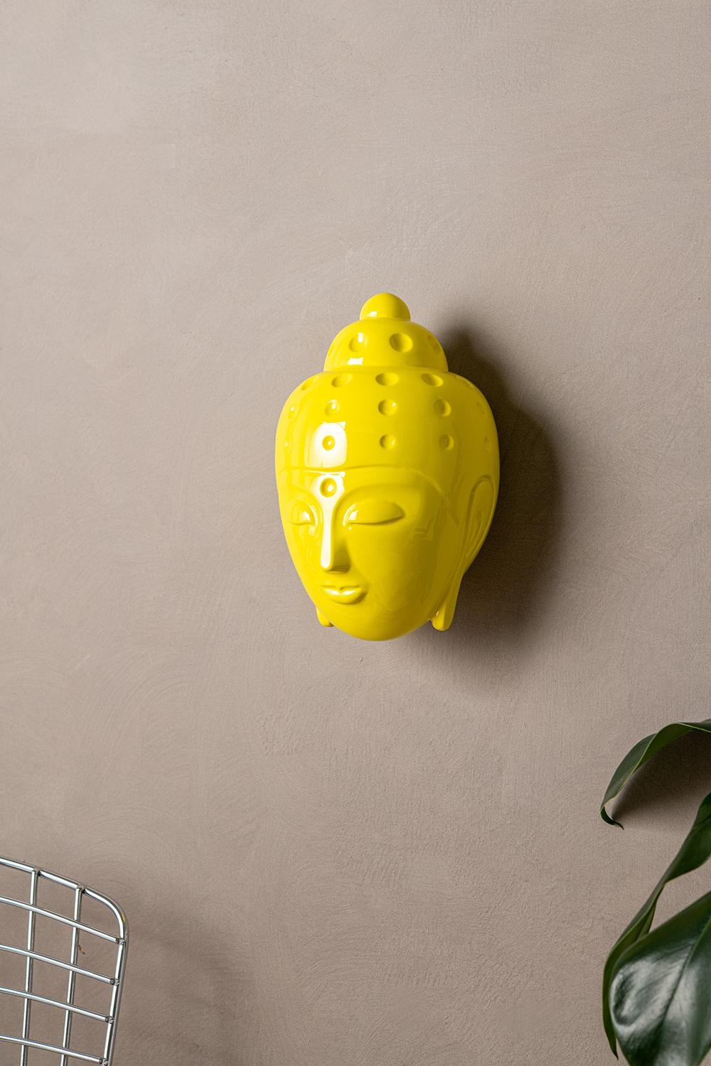 Contemporary buddha head sculpture - painted in yellow car paint - Yellow Figurative Sculpture by Tal Nehoray