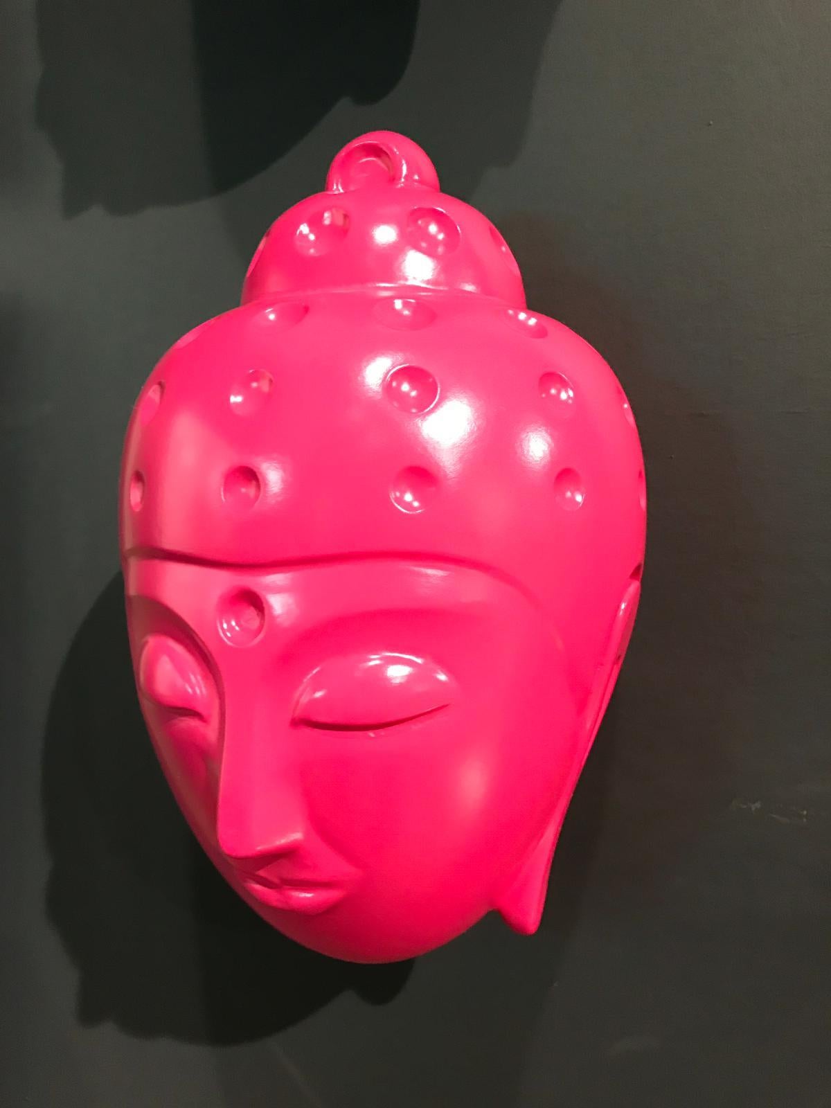 Floating Buddha head Statue - Bright Pink - Contemporary Sculpture by Tal Nehoray