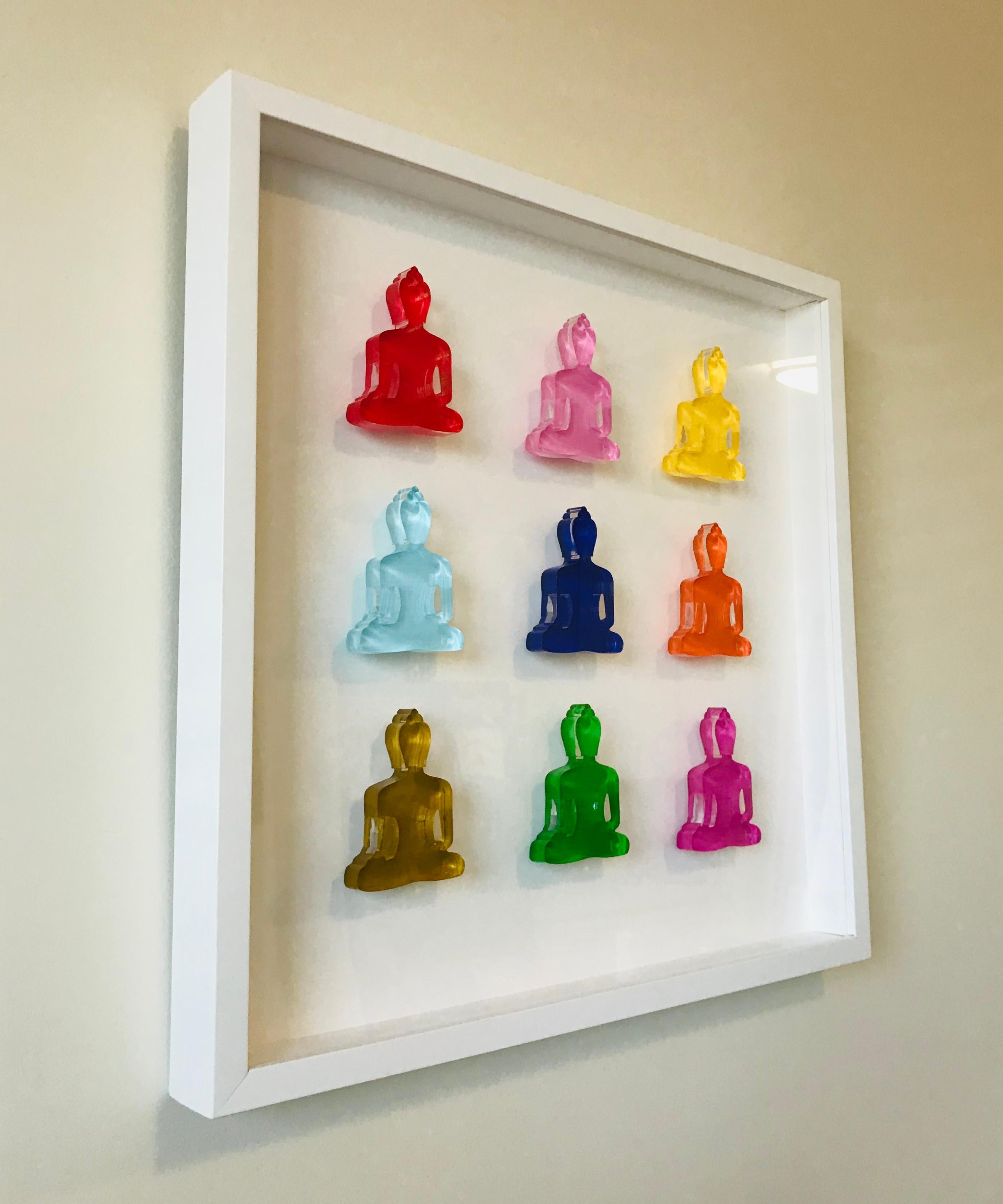 This 3D art piece is made of 9 hand painted laser cut plexiglas pieces that were mounted to an archival foam board backing, framed with a white wooden 2