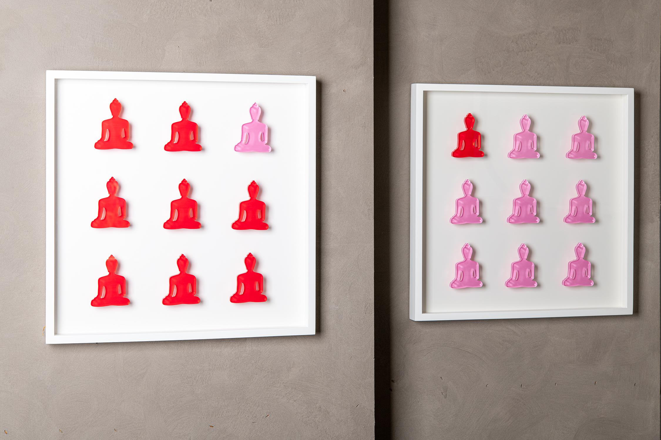 Nine No. 10 & 11 - diptych pink and red buddha wall sculpture - Contemporary Sculpture by Tal Nehoray