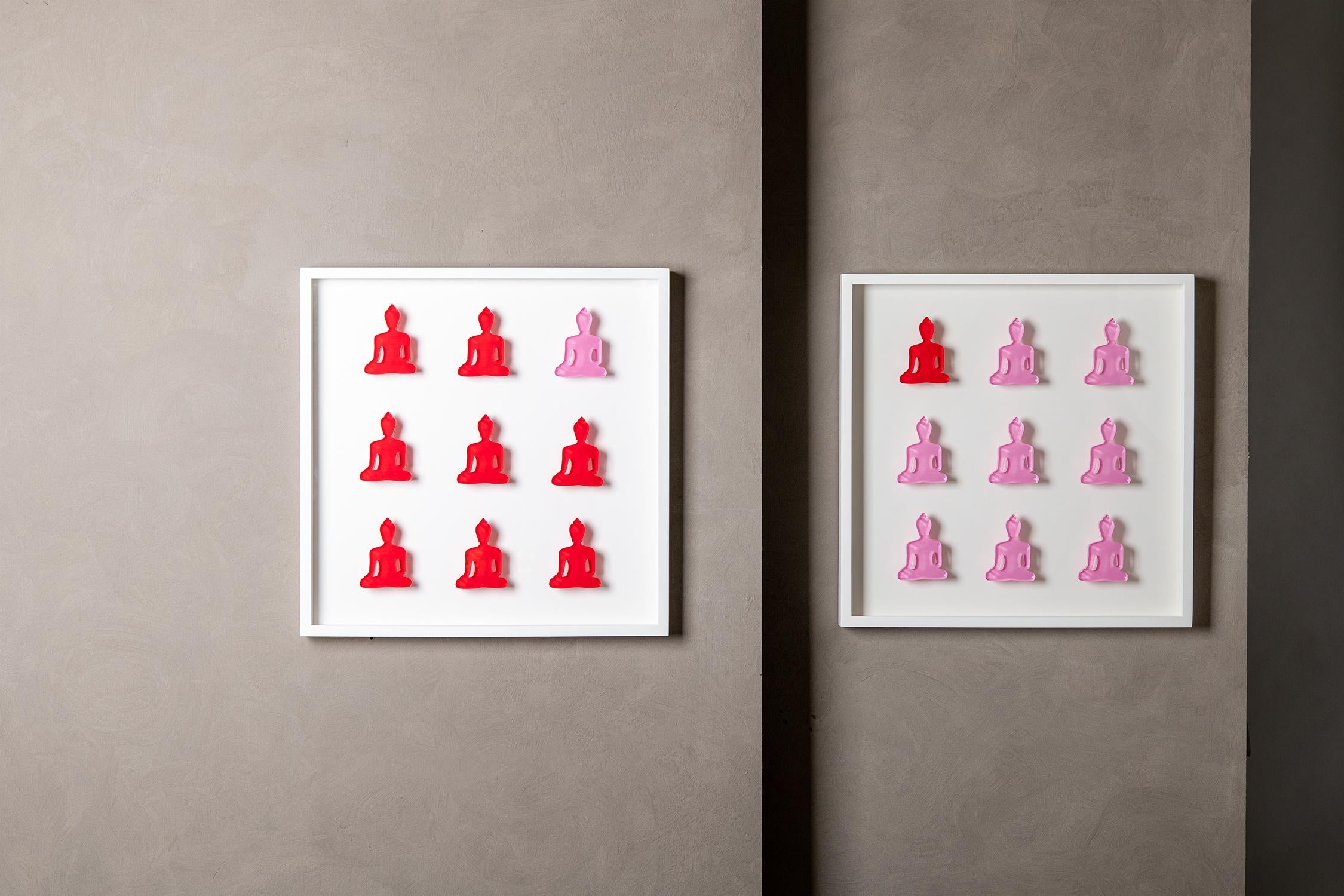 Nine No. 10 & 11 - diptych pink and red buddha wall sculpture - Gray Figurative Sculpture by Tal Nehoray