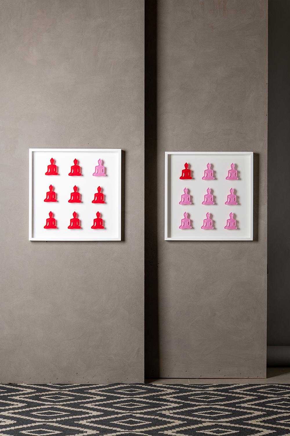 This diptych 3D art piece is made of 9 hand painted laser cut plexiglas pieces (in each piece) that were mounted to an archival foam board backing, framed with a white wooden 2