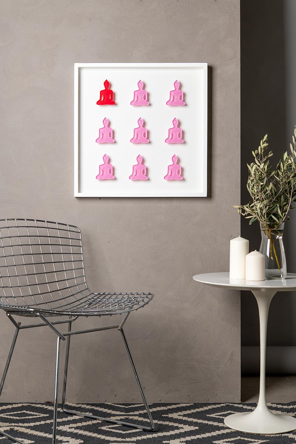 Nine No. 10 - pink red buddha wall sculpture - Sculpture by Tal Nehoray