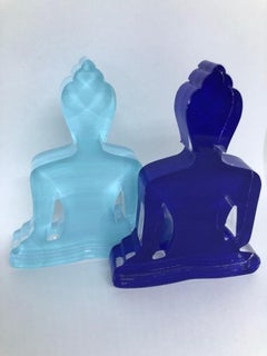 Blue Buddha Sculpture Duo (dark blue and baby blue Buddhas)