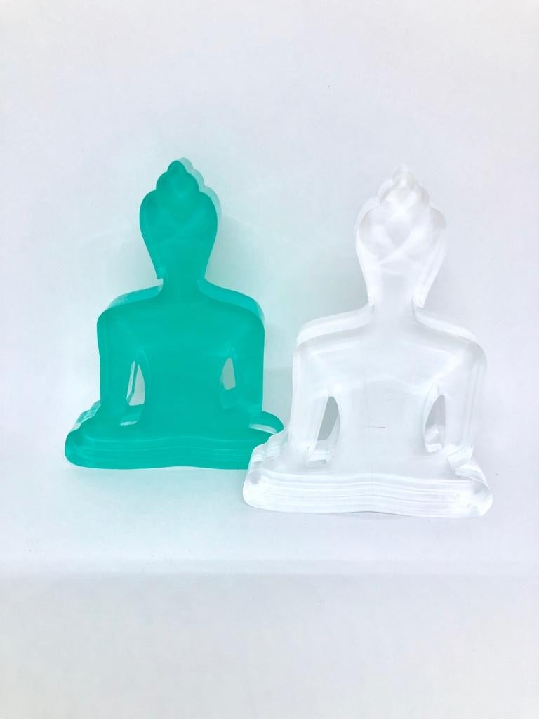 Tal Nehoray Figurative Sculpture - Buddha statue Duo (White and turquoise Buddhas sculpture)