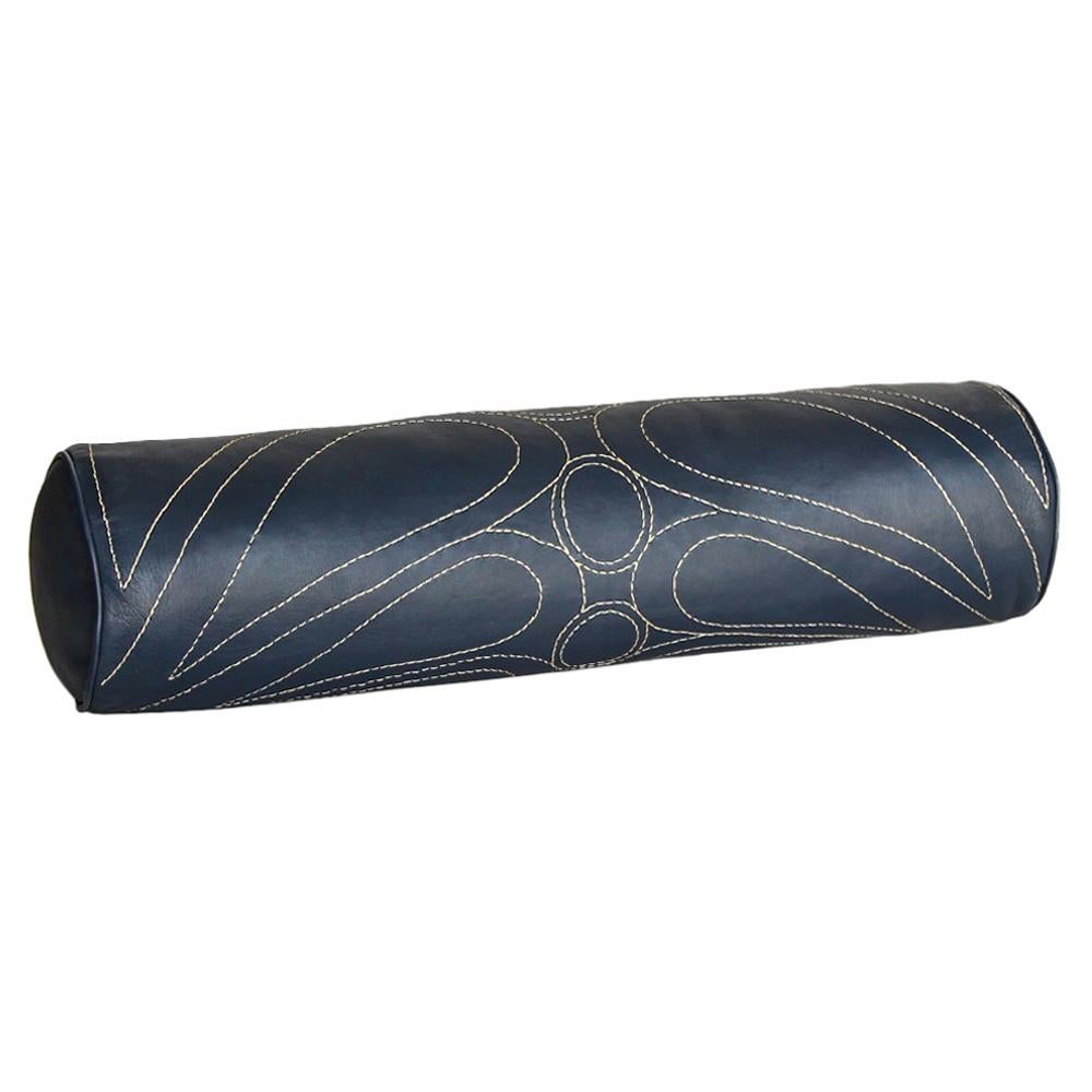 Leather Bolster Pillow, Embroidered, in Cobalt — Talabartero Collection