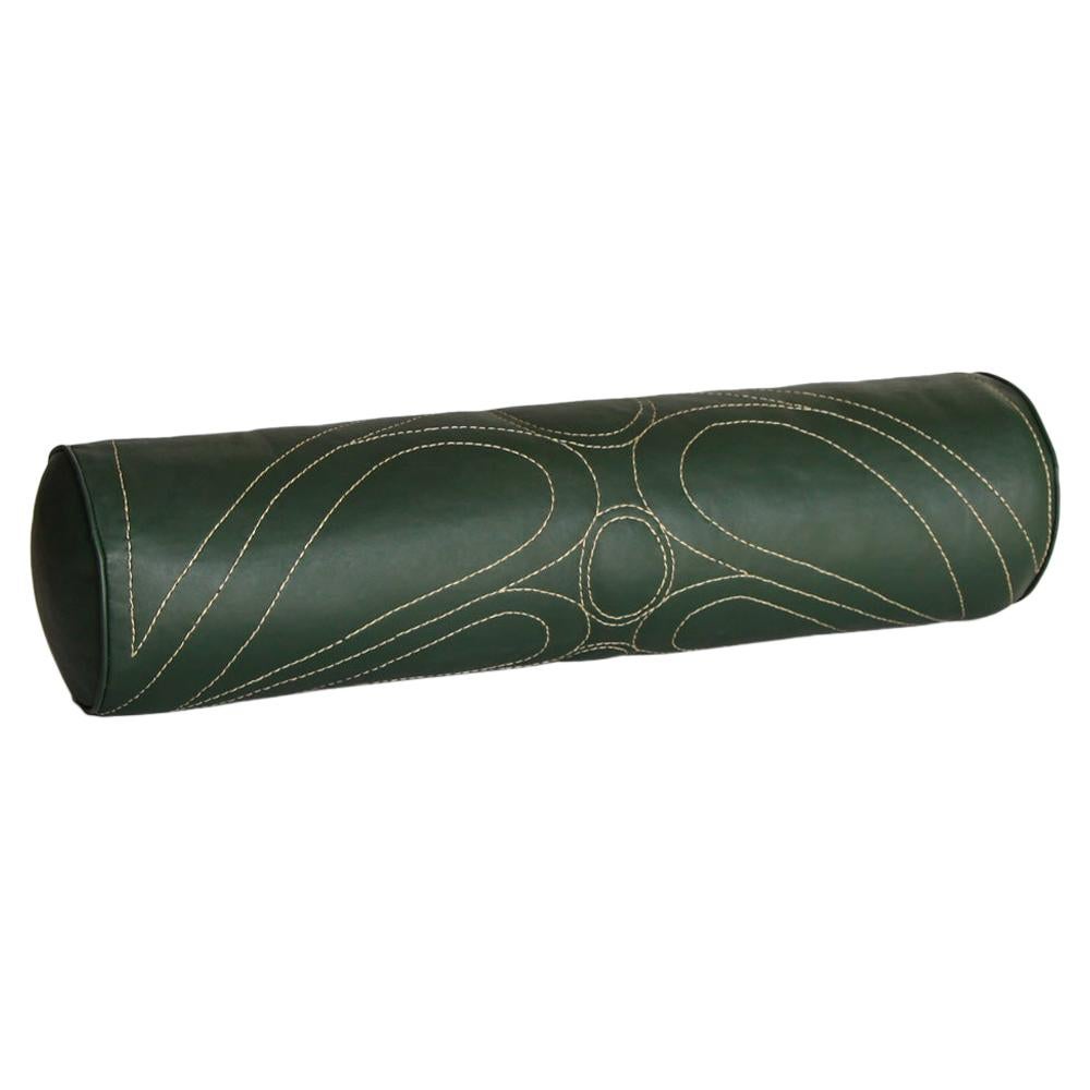 Leather Bolster Pillow, Embroidered, in Emerald Green — Talabartero Collection