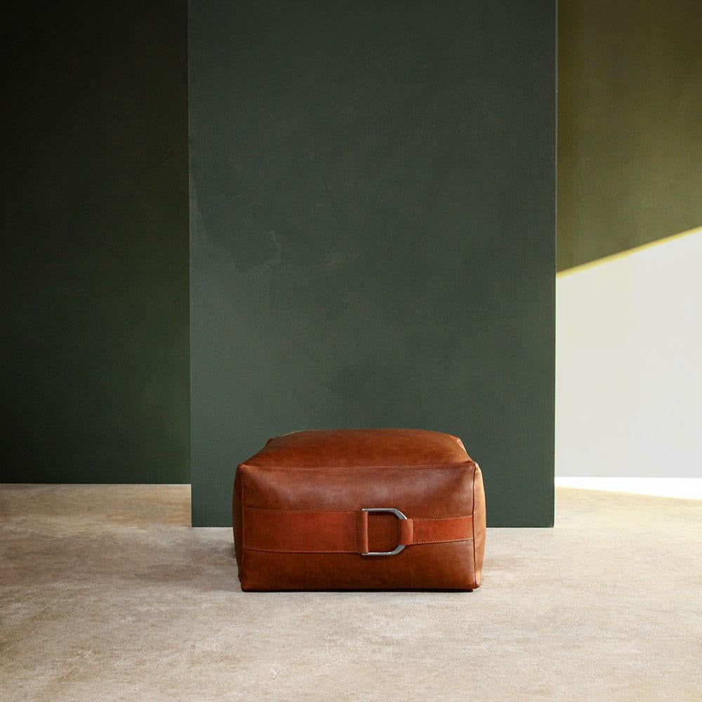 Mid-Century Modern Leather Ottoman in Camel, Small, Talabartero Collection For Sale