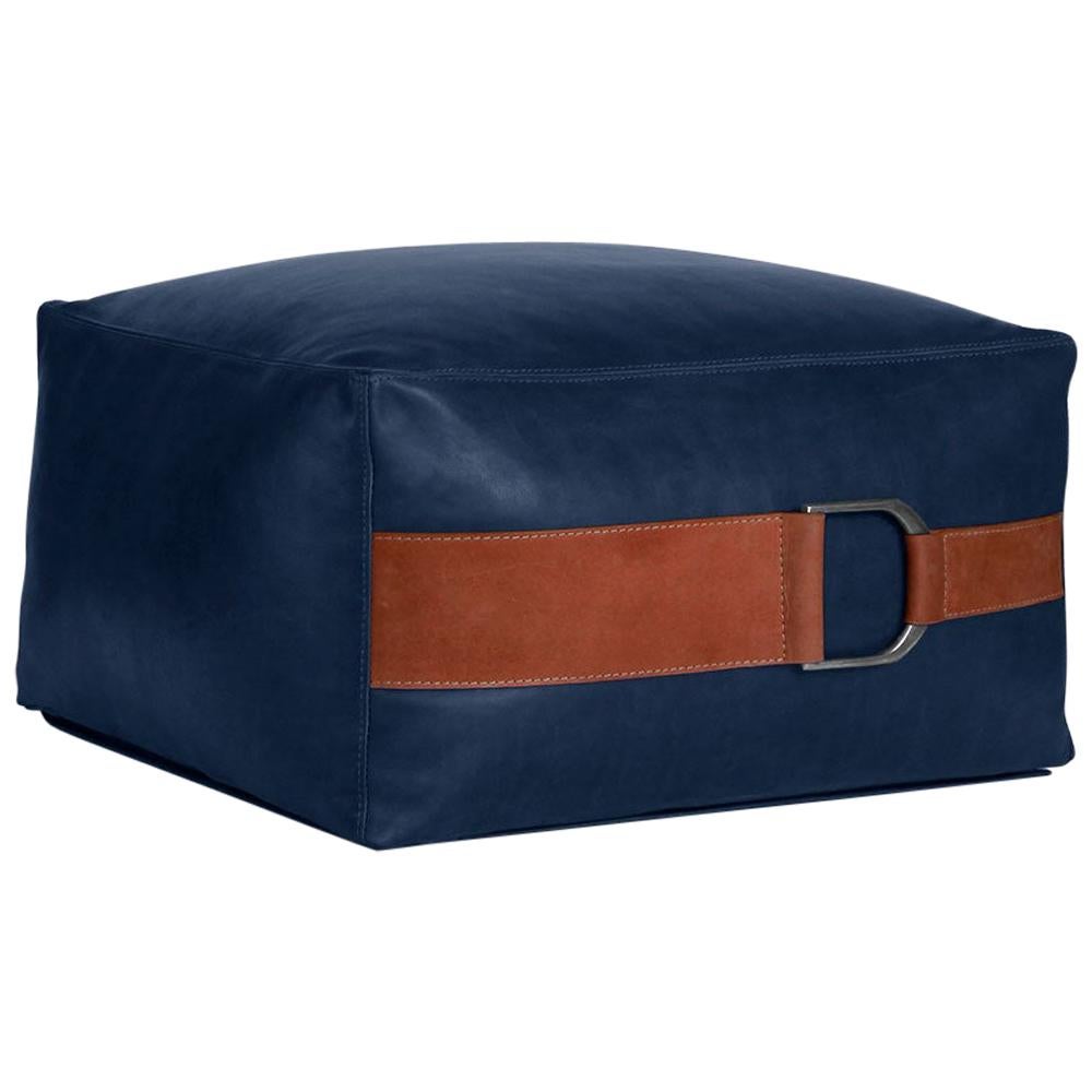 Leather Ottoman in Cobalt, Large — Talabartero Collection For Sale