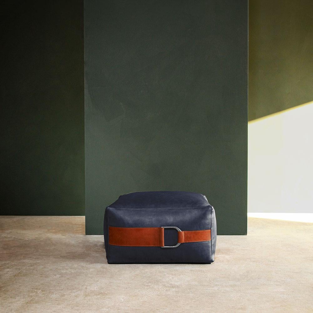 Mid-Century Modern Leather Ottoman in Cobalt, Small — Talabartero Collection For Sale