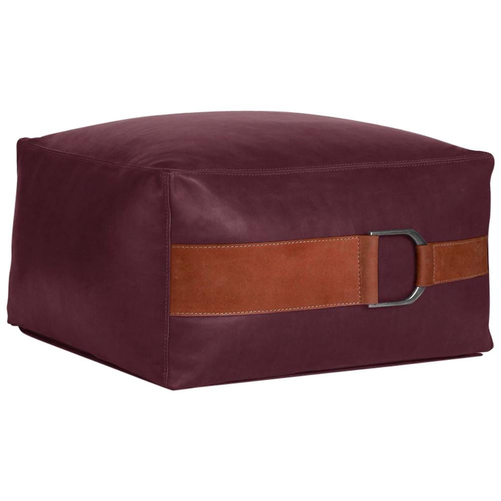 Leather Ottoman in Berry, Large — Talabartero Collection For Sale