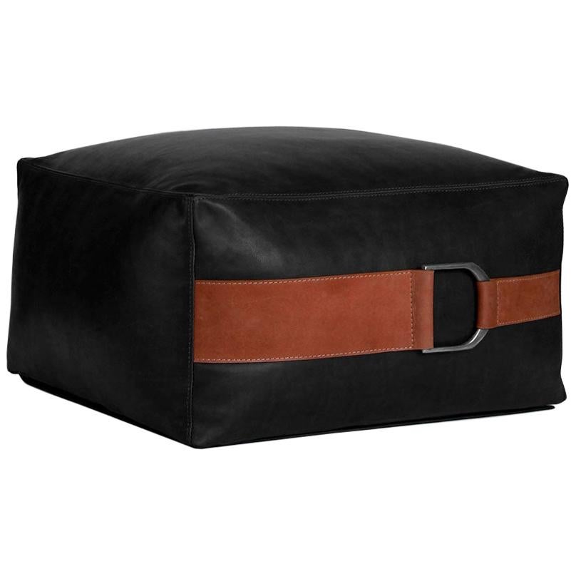 Leather Ottoman in Black, Large — Talabartero Collection For Sale