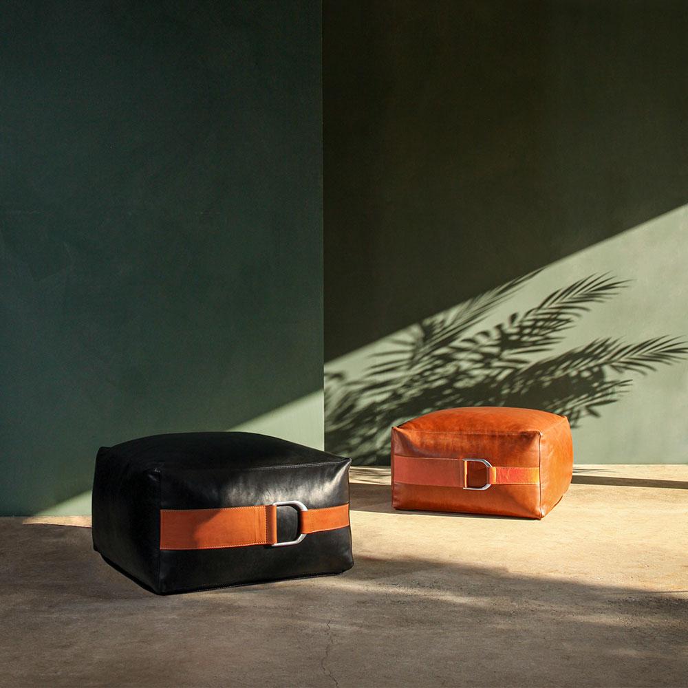 Mid-Century Modern Leather Ottoman in Black, Small — Talabartero Collection For Sale