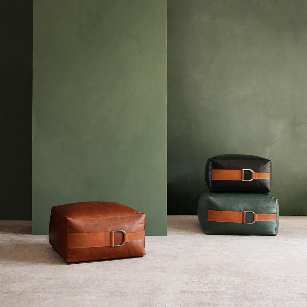 Hand-Crafted Leather Ottoman in Emerald Green, Large — Talabartero Collection For Sale