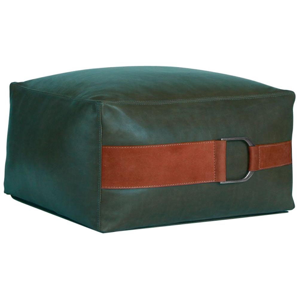 Leather Ottoman in Emerald Green, Large — Talabartero Collection For Sale