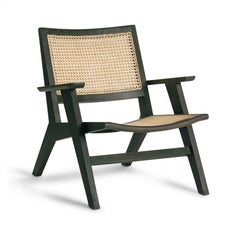 Talalla Armchair Handmade in Dark Teak Rattan Linen Mid Century Style, In Stock