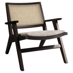 Talalla Armchair Handmade in Dark Teak Rattan Linen Mid Century Style, In Stock