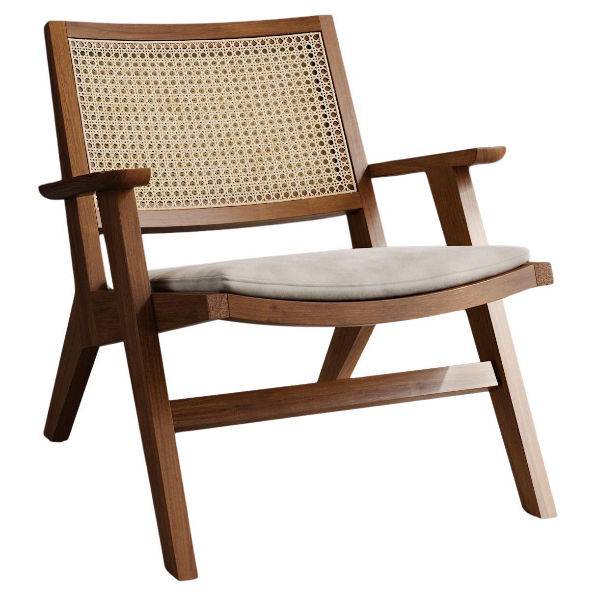 Talalla Armchair Handmade in Solid Teak Rattan Linen Mid Century Style, In Stock