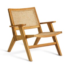 Talalla Armchair Handmade in Solid Teak Rattan Linen Mid Century Style, In Stock
