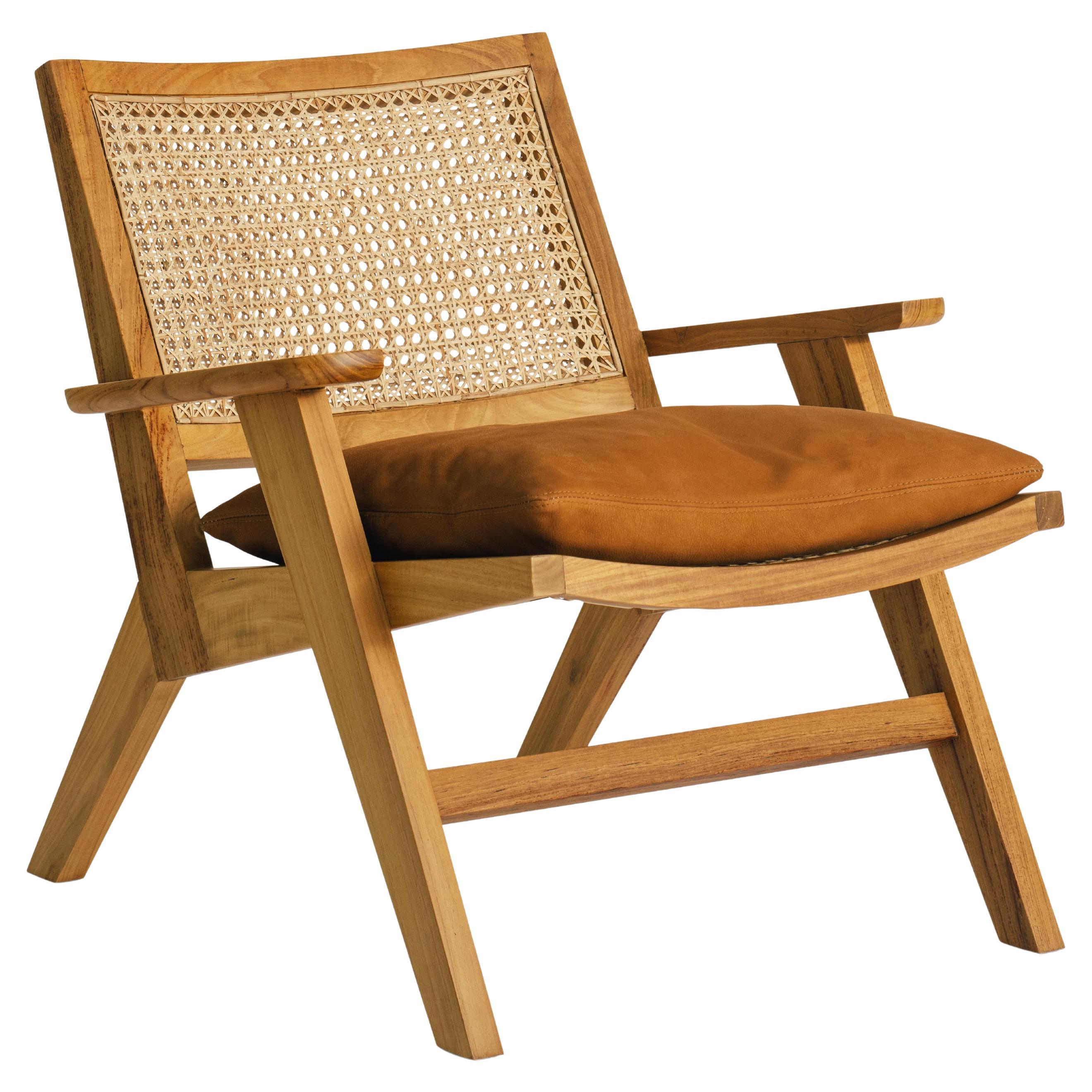 Poltrona Talalla - design moderno di metà secolo, teak massiccio e rattan in vendita
